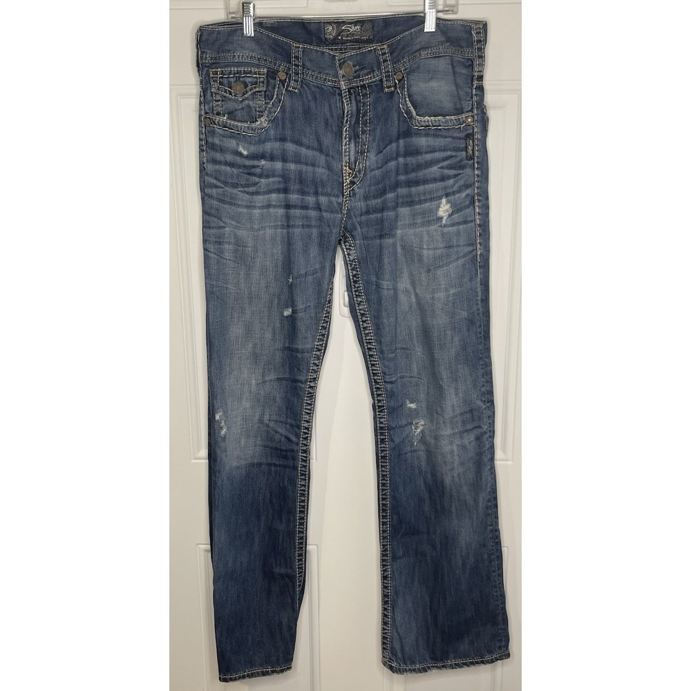 Silver Zac Flap Jeans Men's 34x32 Relaxed Fit Straight Leg Med Wash Y2K Cowboy